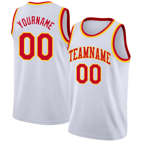 Custom White Red-Gold Round Neck Rib-Knit Basketball Jersey Custom White Red-Gold Round Neck Rib-Knit Basketball Jersey